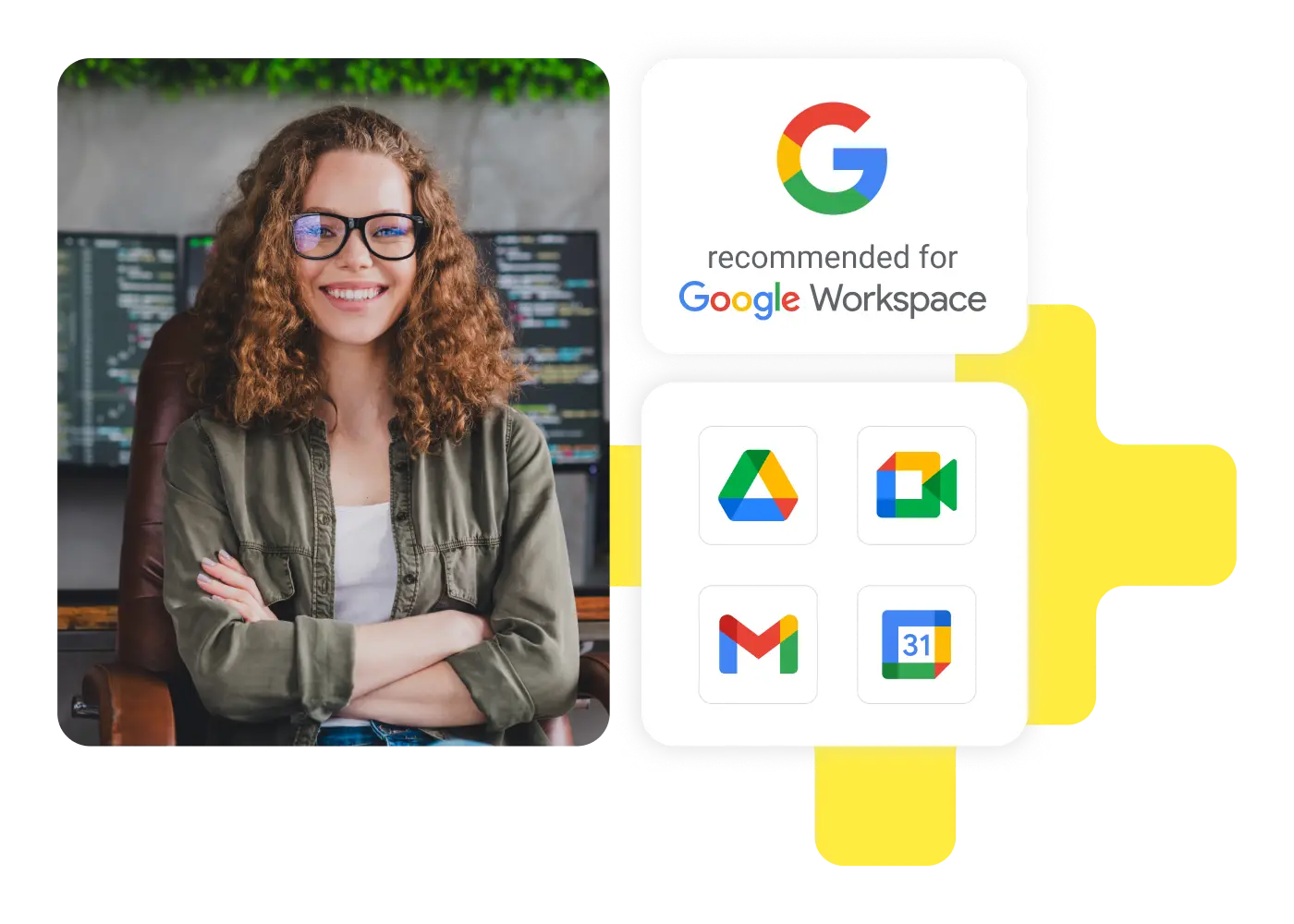 Google Workspaceのアプリアイコンと、デスクで働く笑顔の女性。